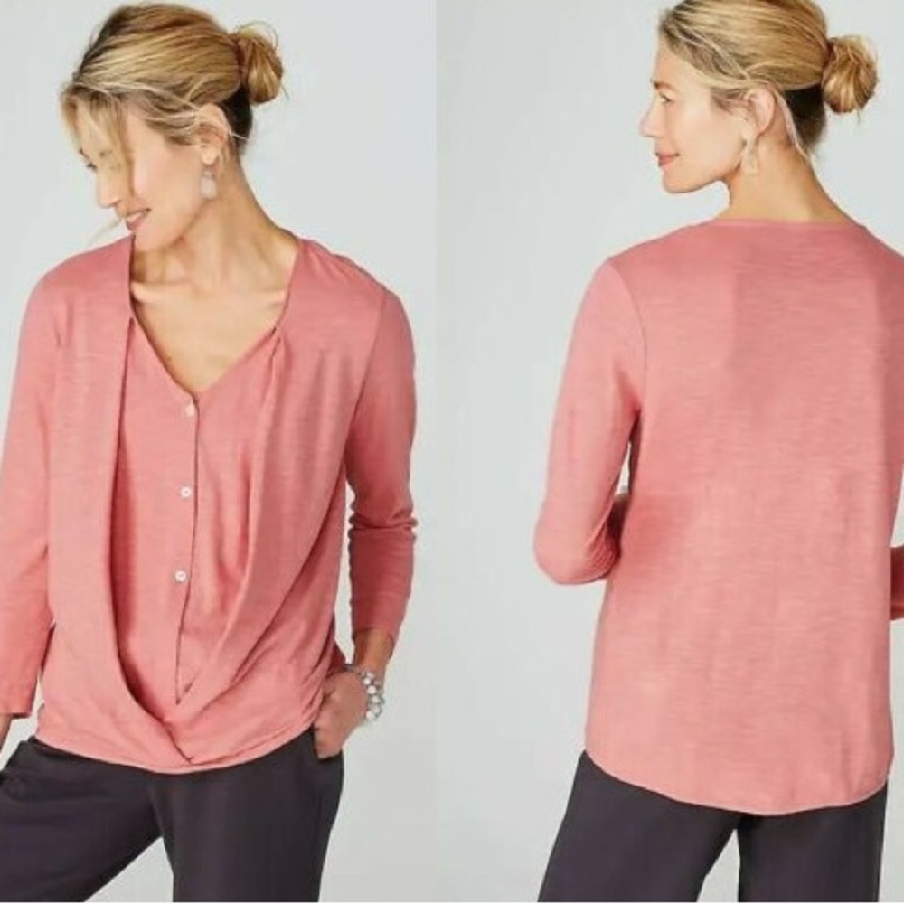 Pure Jill Cotton Cross Front Top Size XL Salmon Pink 3/4 Sleeve V Neck